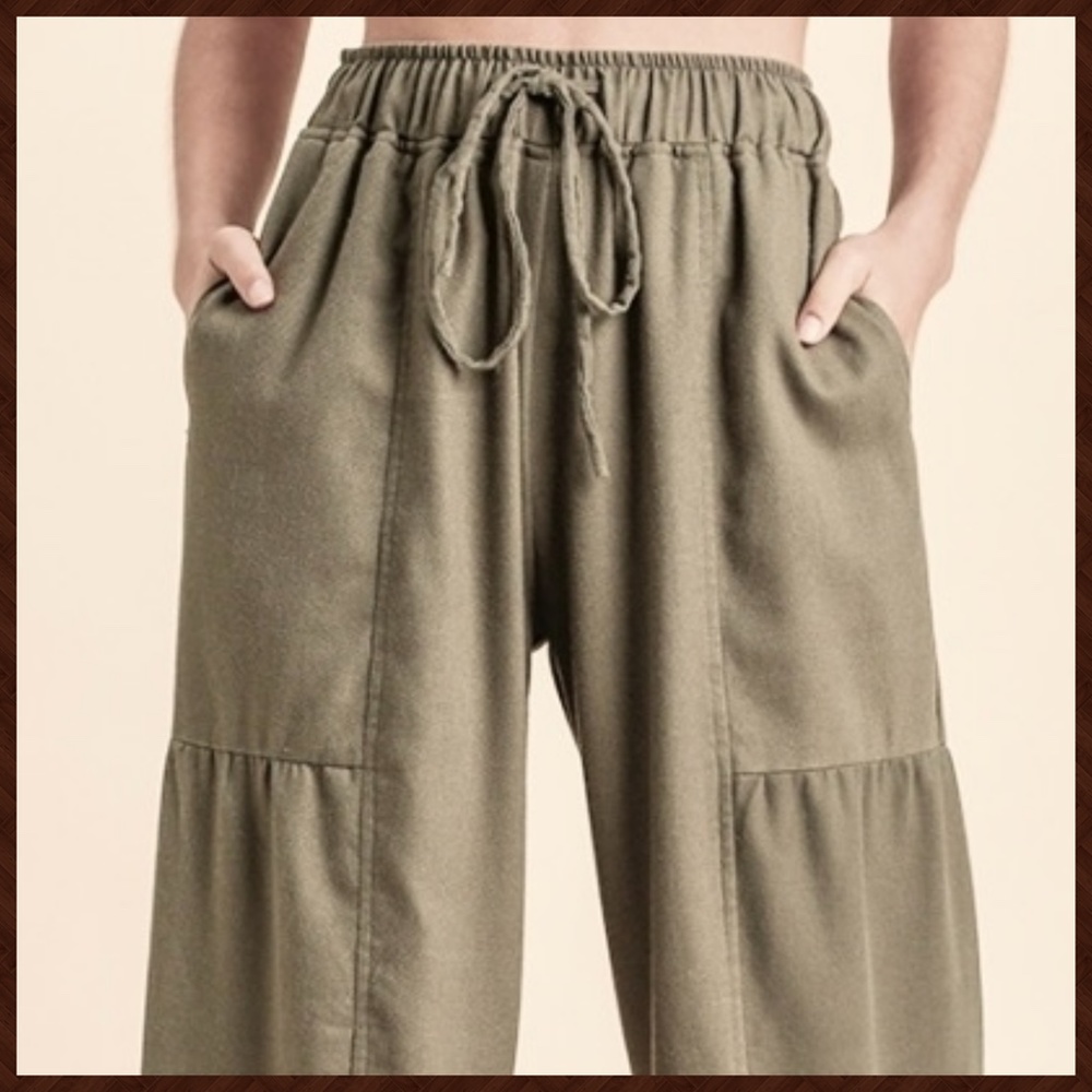 UMGEE Side Tiered Wide Flared Leg Pants Elasticized Waist, Drawstring & Pockets - Picture 5 of 16
